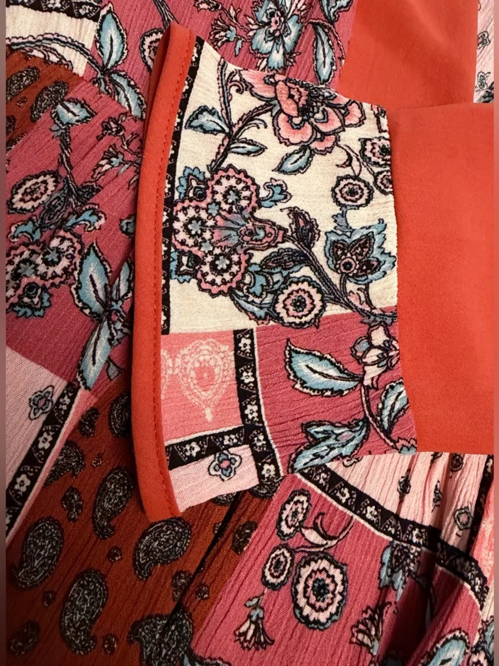 Patchwork V-Neck Midi Dress in Rust and Blush - Picture 5 of 10